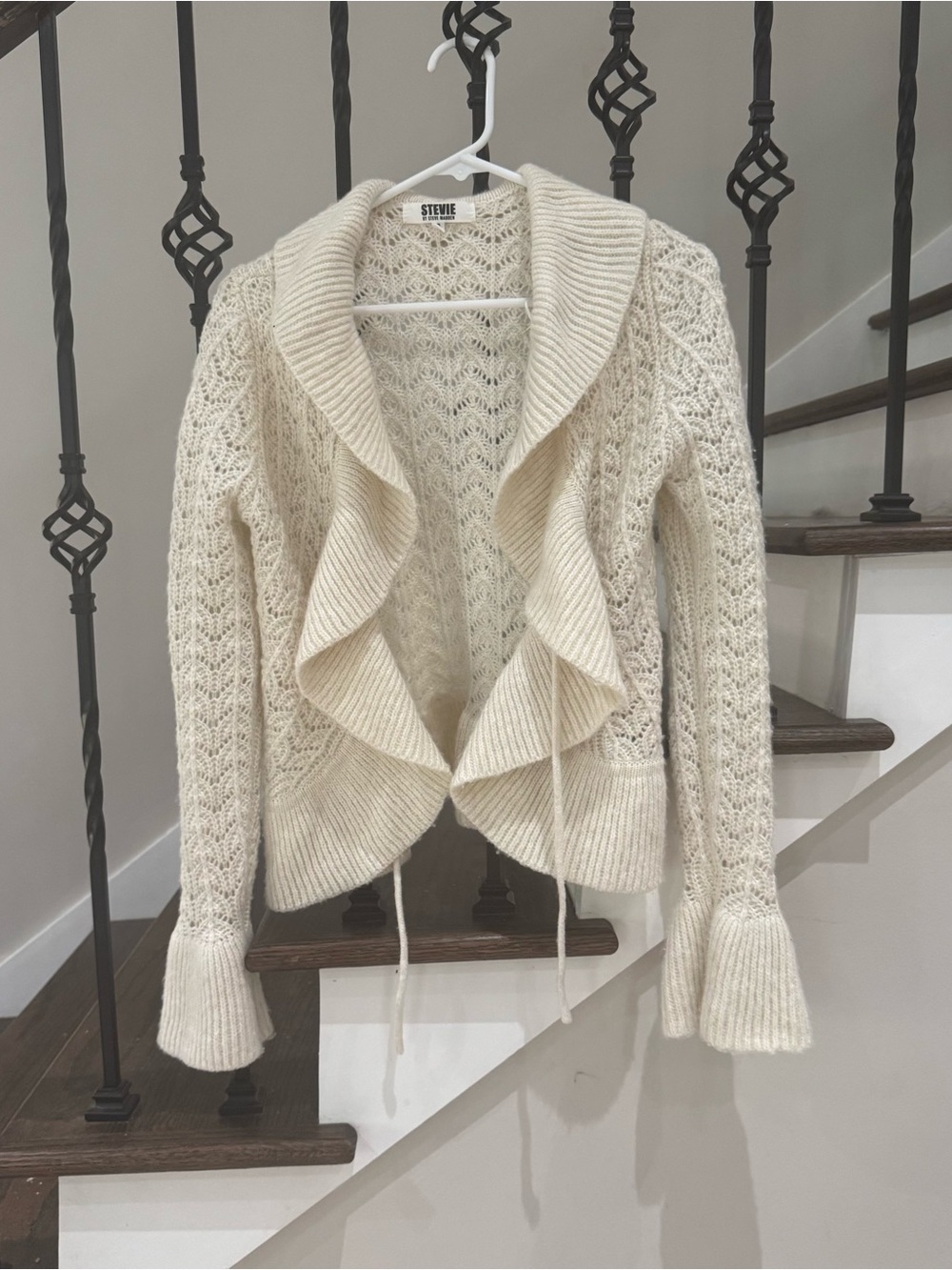 Stevie by Steve Madden Cream Ruffled Open-Front Knit Cardigan